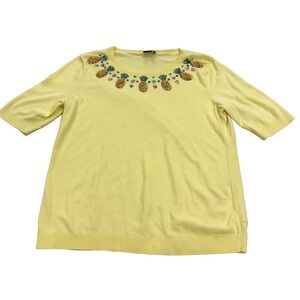Talbots Women's Short Sleeve Sequined Pineapple Sweater; Yellow;‎ Size Medium
